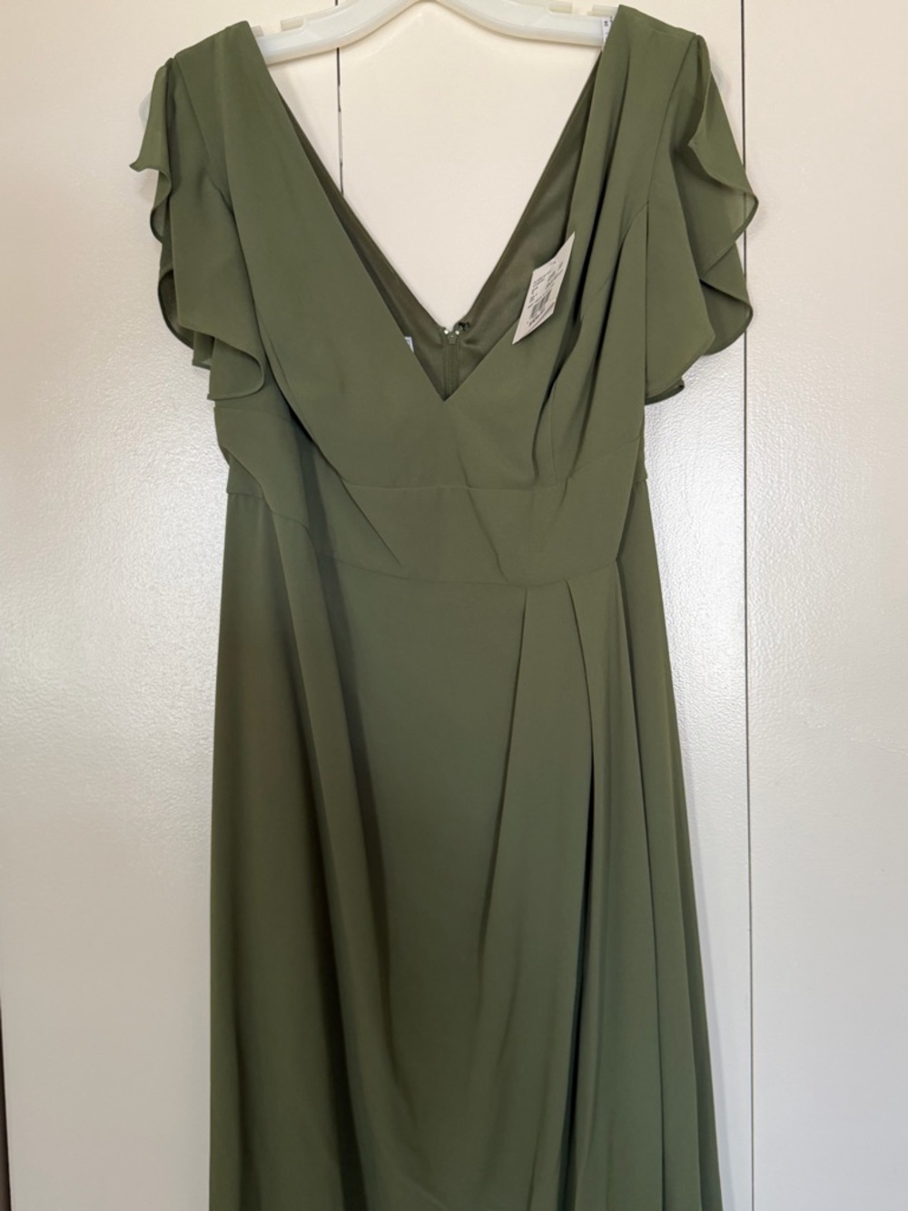 David's Bridal Olive Green V-Neck Maxi Dress with Flutter Sleeves